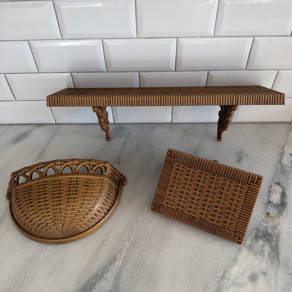 Set Of 3 Vintage Homco Faux Rattan Shelves And Wall Planter Set OLA